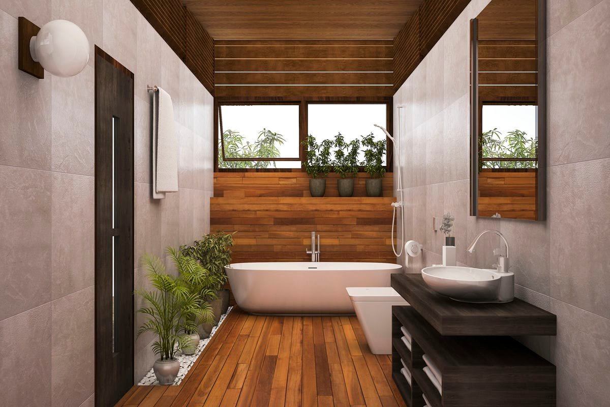 Eco-friendly bamboo hardwood floors in a bright Milwaukee bathroom.